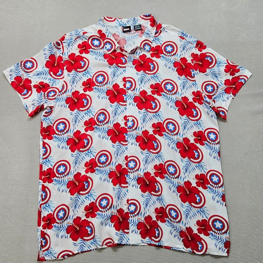 Marvel Captain America Mens XL Tropical Hibiscus Shield Aloha Rayon Shirt White